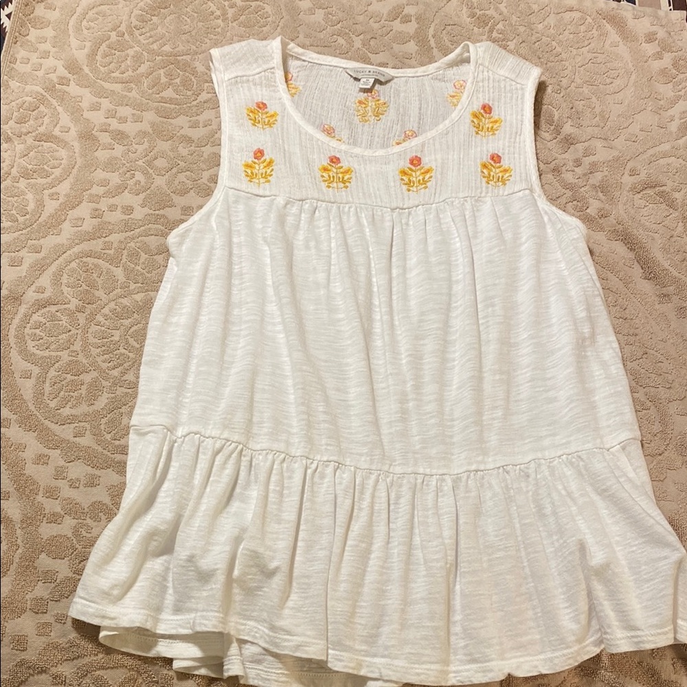 Lucky Brand-Boho Embroidered Sleeveless White Top